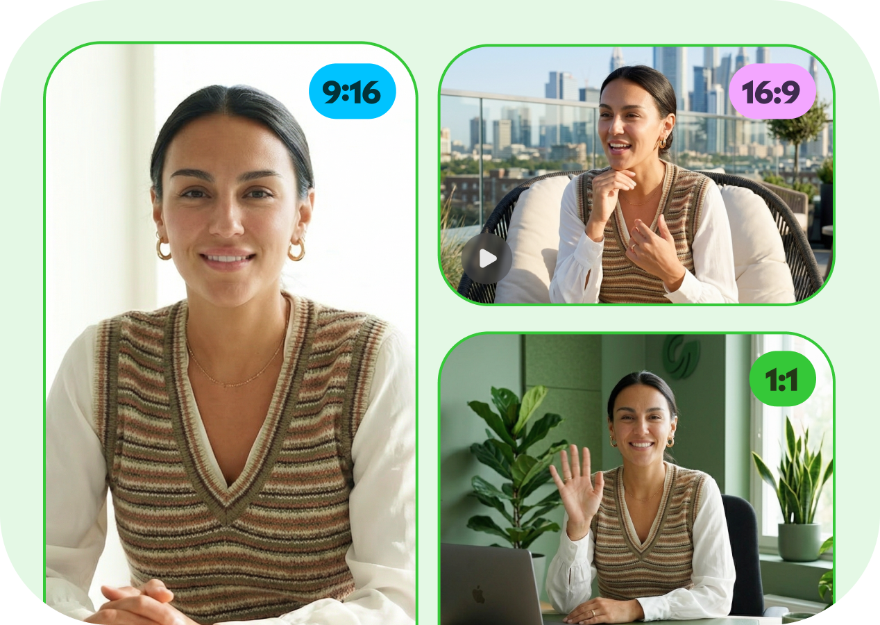 Three video frames showing vertical, square and widescreen social formats.
