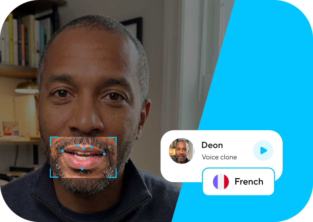 A face with an AI lip-sync tracking box and a multilingual voice interface.